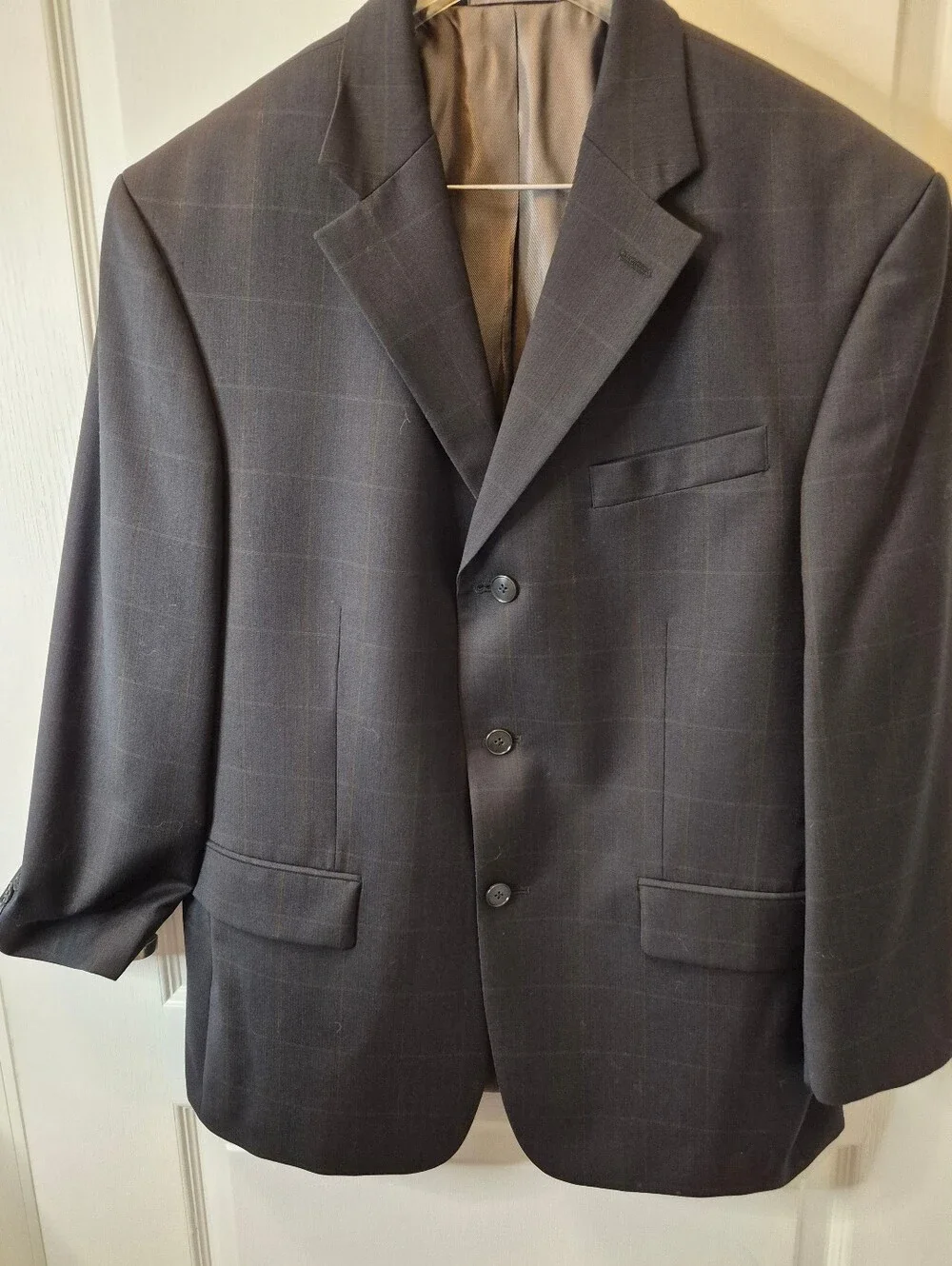 Oscar de la Renta Navy Windowpane Wool Blazer Size 40S W36 EUC